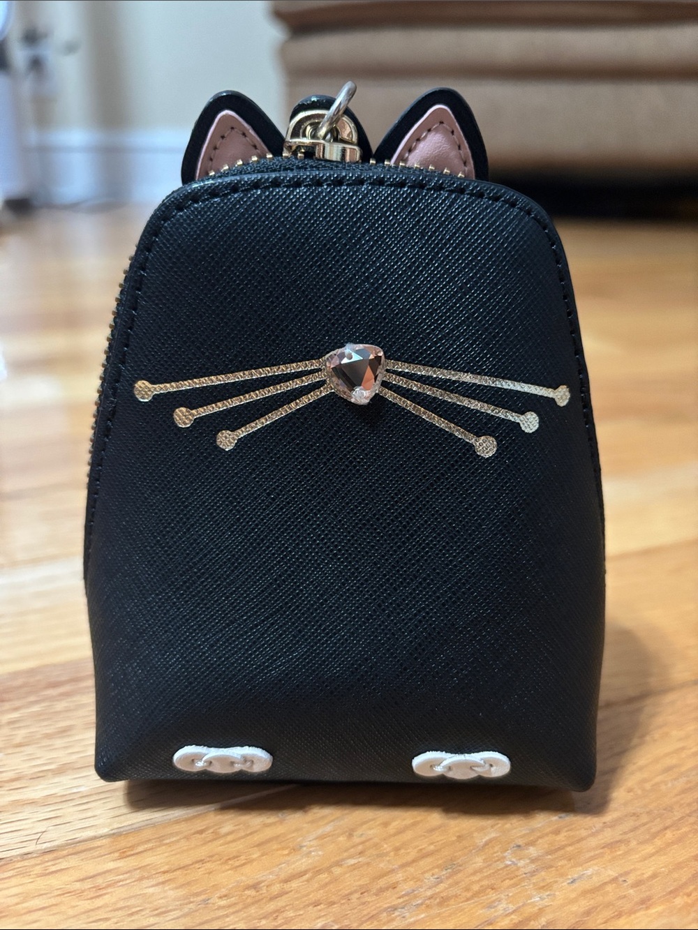 Kate Spade Black Cat Mini Backpack Coin Purse with Gold Whisker Detail
